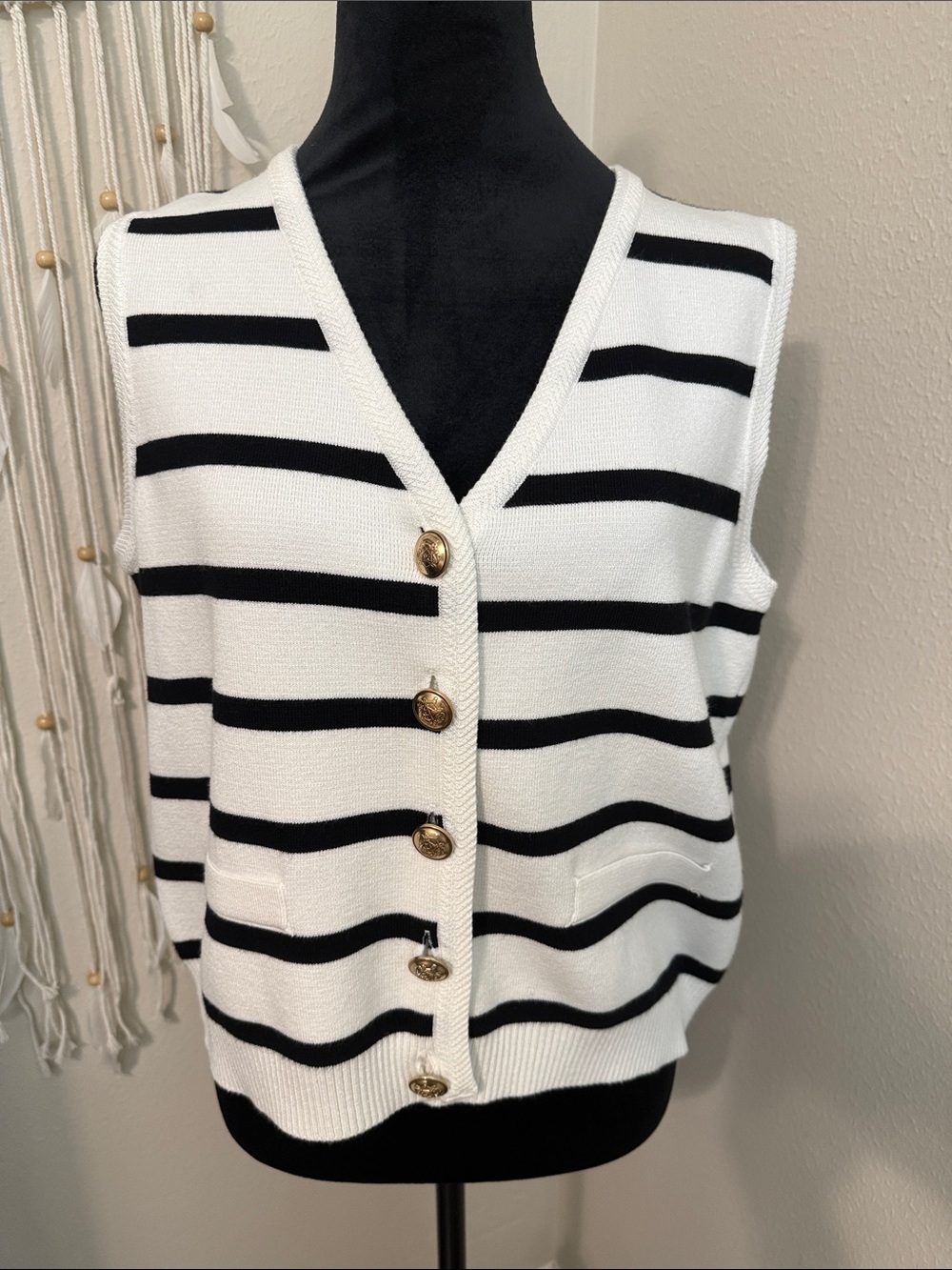 Adrienne Vittadini Black & White Striped V-Neck Button Vest